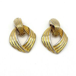 Vintage Erwin Pearl Two Tone Gold Silver Clip‎ On Dangle Earrings Statement